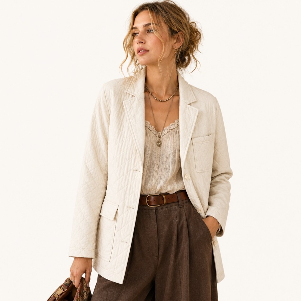 Anthropologie Quilted Blazer Medium Jacket Ivory Cream Chest & Patch Pockets New